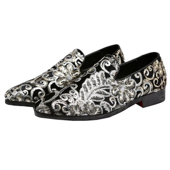 Black Silver Sequins Velvet Prom Loafers Dress Shoes Loafers