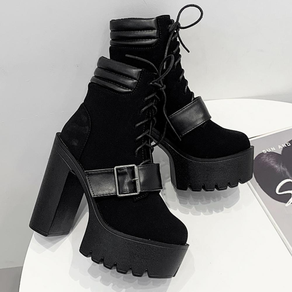 Black Suede Buckle Chunky Platforms Sole High Heels Ankle ...