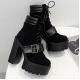 Black Suede Buckle Chunky Platforms Sole High Heels Ankle Boots Platforms Zvoof