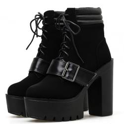 Black Suede Buckle Chunky Platforms Sole High Heels Ankle Boots