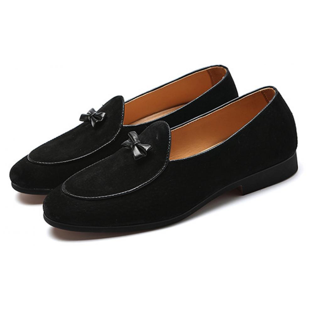 Black Suede Mini Bow Dapper Mens Loafers Prom Dress Shoes 7112