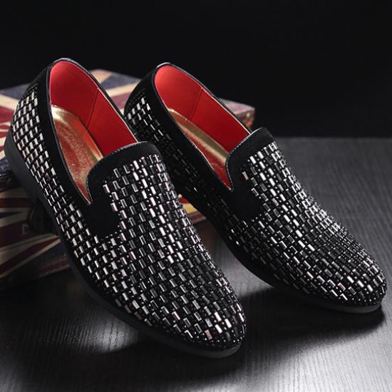 Black Velvet Diamante Studs Mens Prom Loafers Dress Shoes Loafers Zvoof