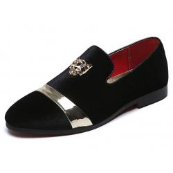 Black Velvet Gold Emblem Dapper Mens Loafers Dress Shoes
