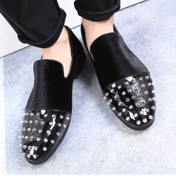 Black Velvet Spikes Studs Dapper Mens Loafers Dress Shoes