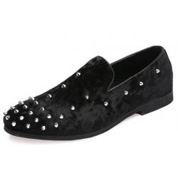 Black Velvet Spikes Studs Dapper Mens Prom Loafers Dress Shoes