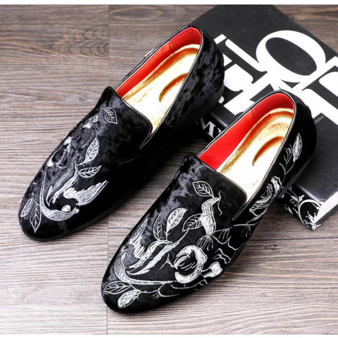 Black White Embroidery Florals Patterned Loafers Dress Shoes