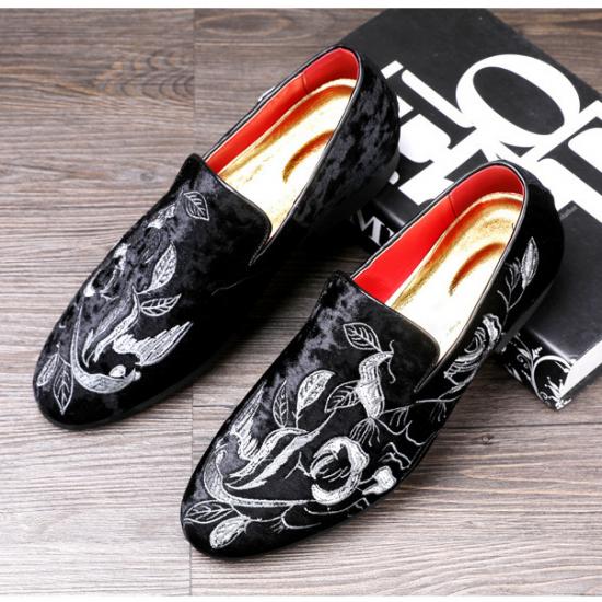 Black White Embroidery Florals Patterned Loafers Dress Shoes ...