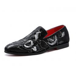 Black White Embroidery Florals Patterned Loafers Dress Shoes