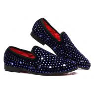 Blue Diamante Black Velvet Dapper Mens Loafers Dress Shoes