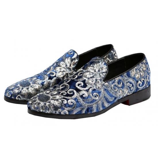 Blue Silver Sequins Velvet Prom Loafers Dress Shoes Loafers