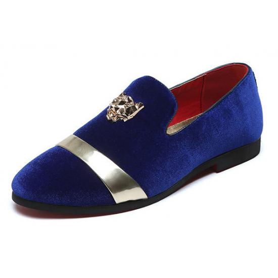 Blue Velvet Gold Emblem Dapper Mens Loafers Dress Shoes Loafers Zvoof