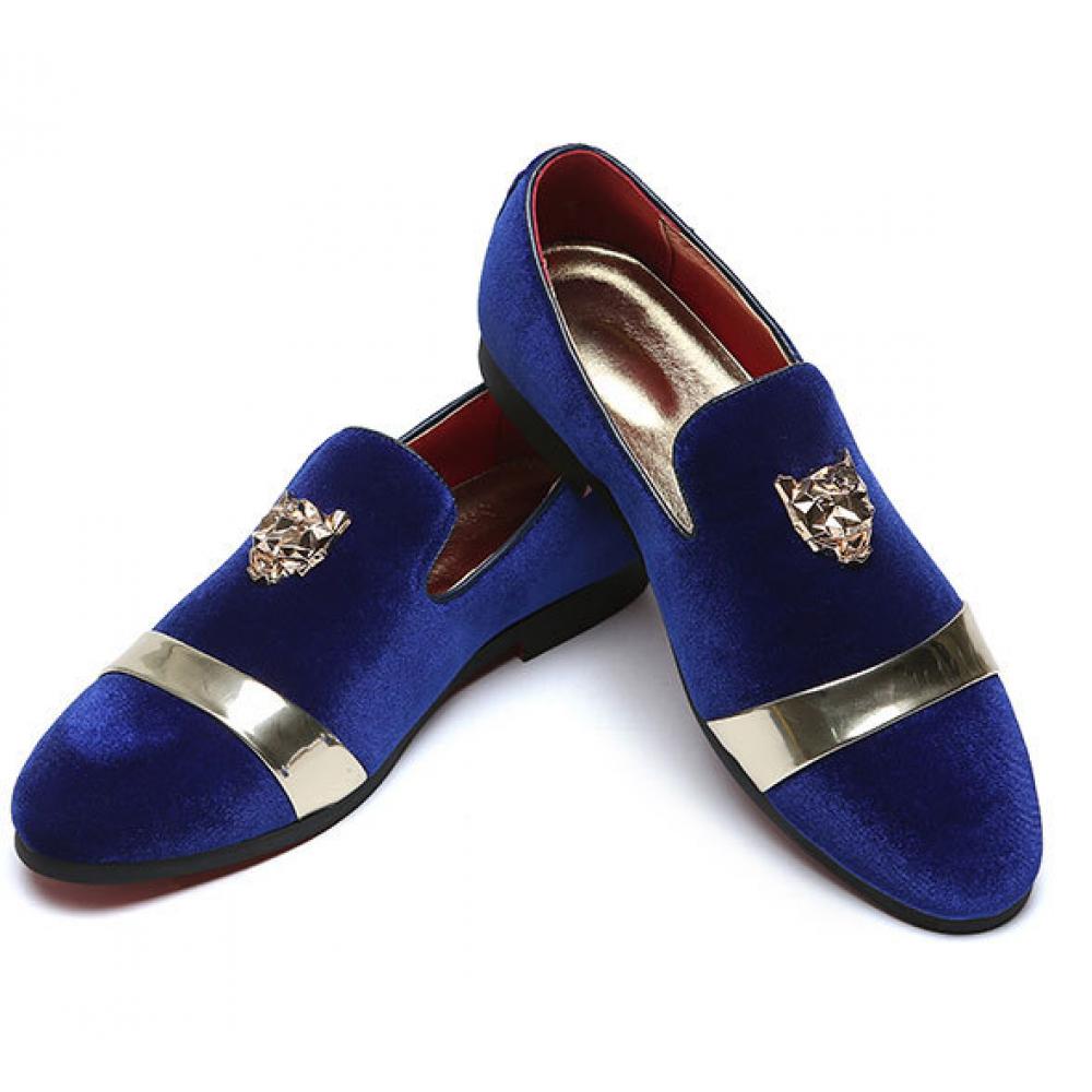 Blue Velvet Gold Emblem Dapper Mens Loafers Dress Shoes ...