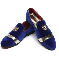 Blue Velvet Gold Emblem Dapper Mens Loafers Dress Shoes