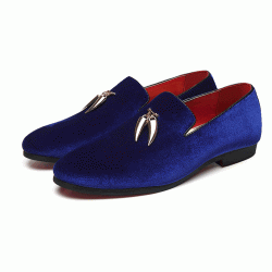Blue Velvet Gold Horn Business Prom Loafers Dress Shoes