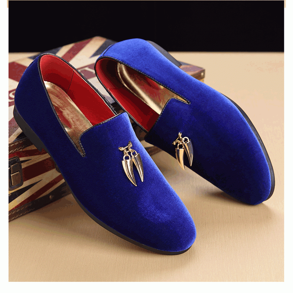 Blue Velvet Gold Horn Business Prom Loafers Dress Shoes 7602