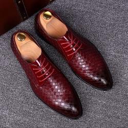 Burgundy Knitted Lace Up Pointed Mens Oxfords Dress Shoes