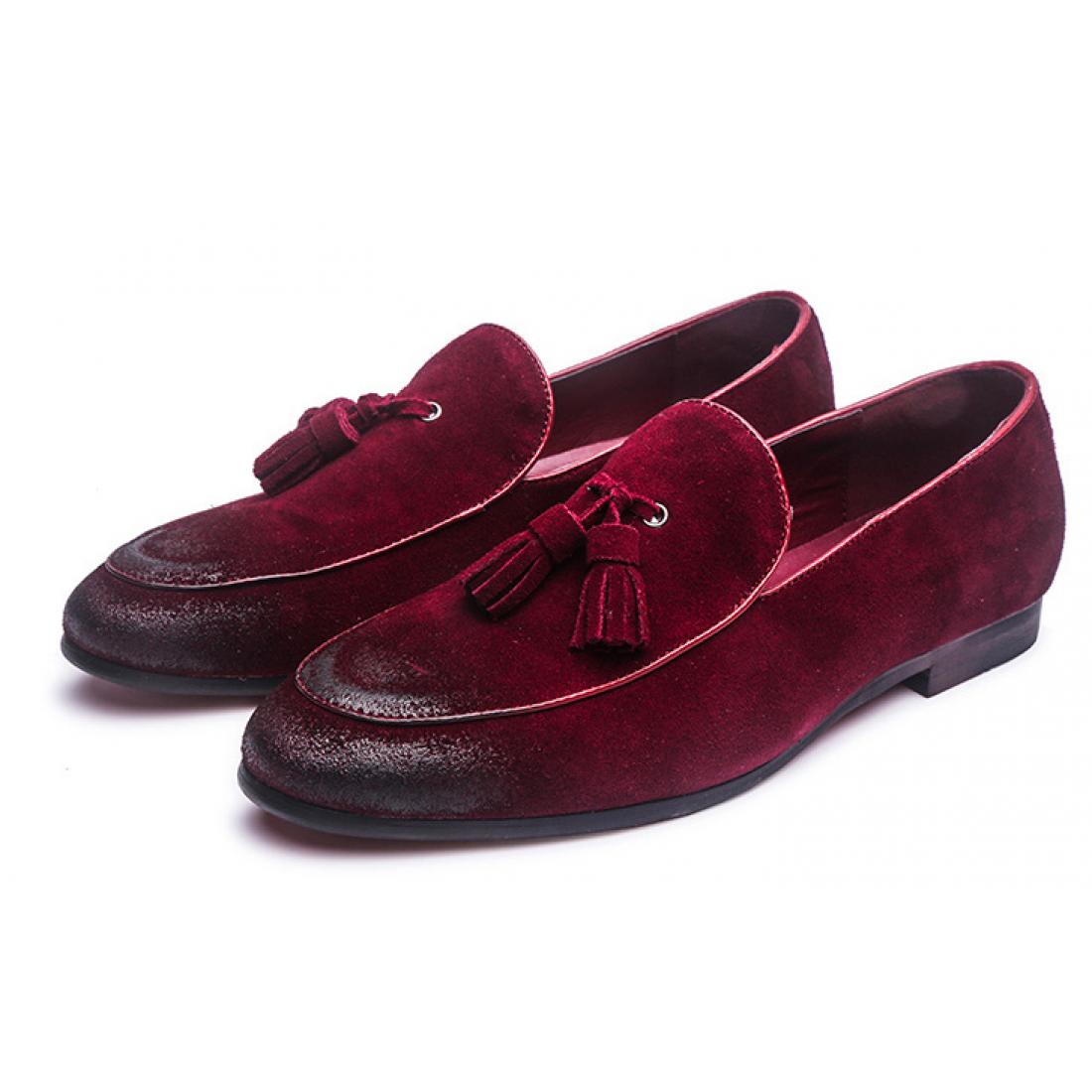 Burgundy Suede Tassels Mens Business Prom Loafers Dress Shoes ...