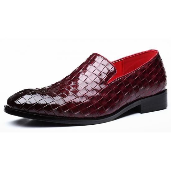 Burgundy Vintage Knitted Leather Mens Loafers Dress Shoes ...