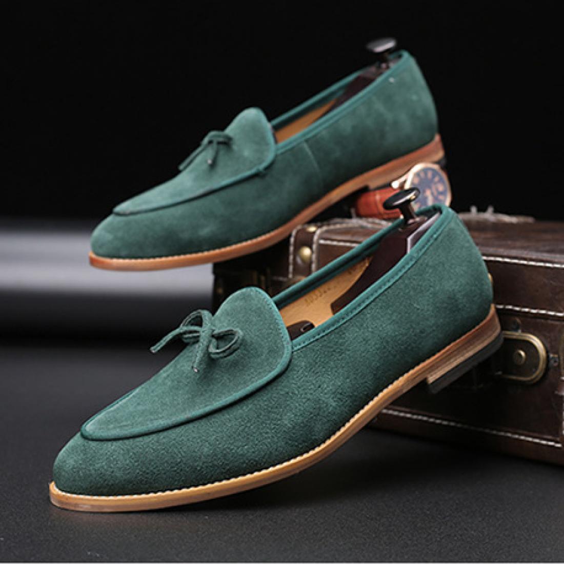 Green Suede Bow Dapper Mens Prom Loafers Dress Shoes Loafers 3968