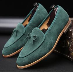 Green Suede Bow Dapper Mens Prom Loafers Dress Shoes