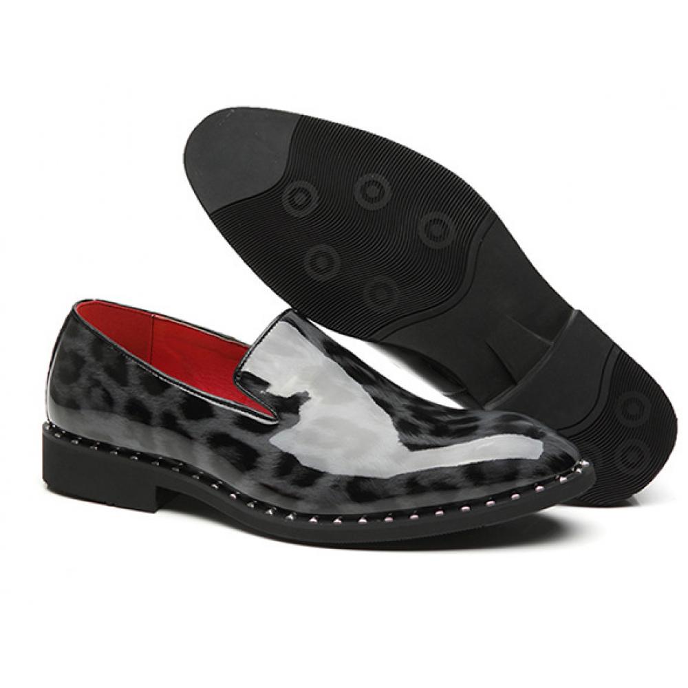 Grey Black Patent Leopard Spikes Mens Loafers Dress Shoes ...