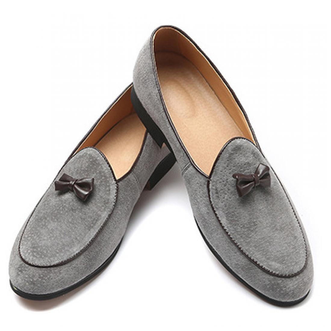 Grey Suede Mini Bow Dapper Mens Loafers Prom Dress Shoes 5612