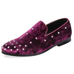 Purple Velvet Spikes Studs Dapper Mens Prom Loafers Dress Shoes