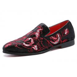Red Black Embroidery Florals Patterned Loafers Dress Shoes