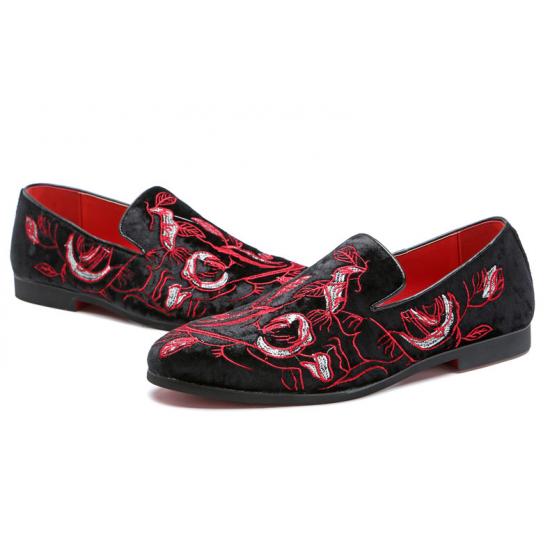 Red Black Embroidery Florals Patterned Loafers Dress Shoes Loafers Zvoof