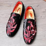 Red Black Embroidery Florals Patterned Loafers Dress Shoes