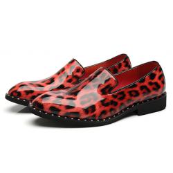 Red Black Patent Leopard Spikes Mens Loafers Dress Shoes