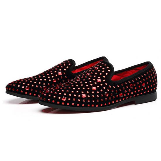 Red Diamante Black Velvet Dapper Mens Loafers Dress Shoes Loafers Zvoof