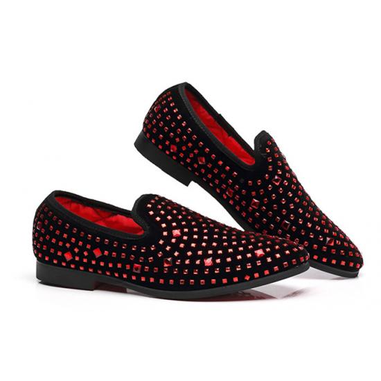 Red Diamante Black Velvet Dapper Mens Loafers Dress Shoes ...