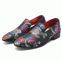 Teal Satin Flowers Mens Party Prom Loafers Dress Shoes