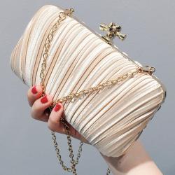 Cream Satin Gold T Snap Bridal Hand Evening Clutch Purses Bag