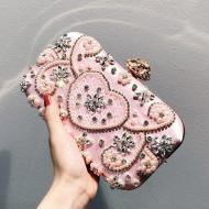 Pink Pearls Rhinestones Heart Baroque Glamorous Hand Bridal Clutch Purses Bag