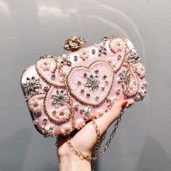 Pink Pearls Rhinestones Heart Baroque Glamorous Hand Bridal Clutch Purses Bag