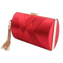 Red Satin Knitted Gold Tassels Hand Evening Clutch Purses Bag