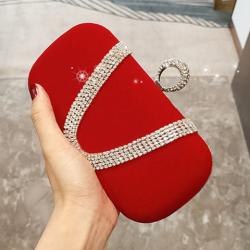 Red Velvet Rhinestones Rectangular Glamorous Ring Clutch Evening Purses Bag