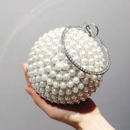 White Pearls Diamante Sphere Ball Hand Bridal Party Clutch Purses Bag