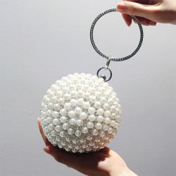 White Pearls Diamante Sphere Ball Hand Bridal Party Clutch Purses Bag