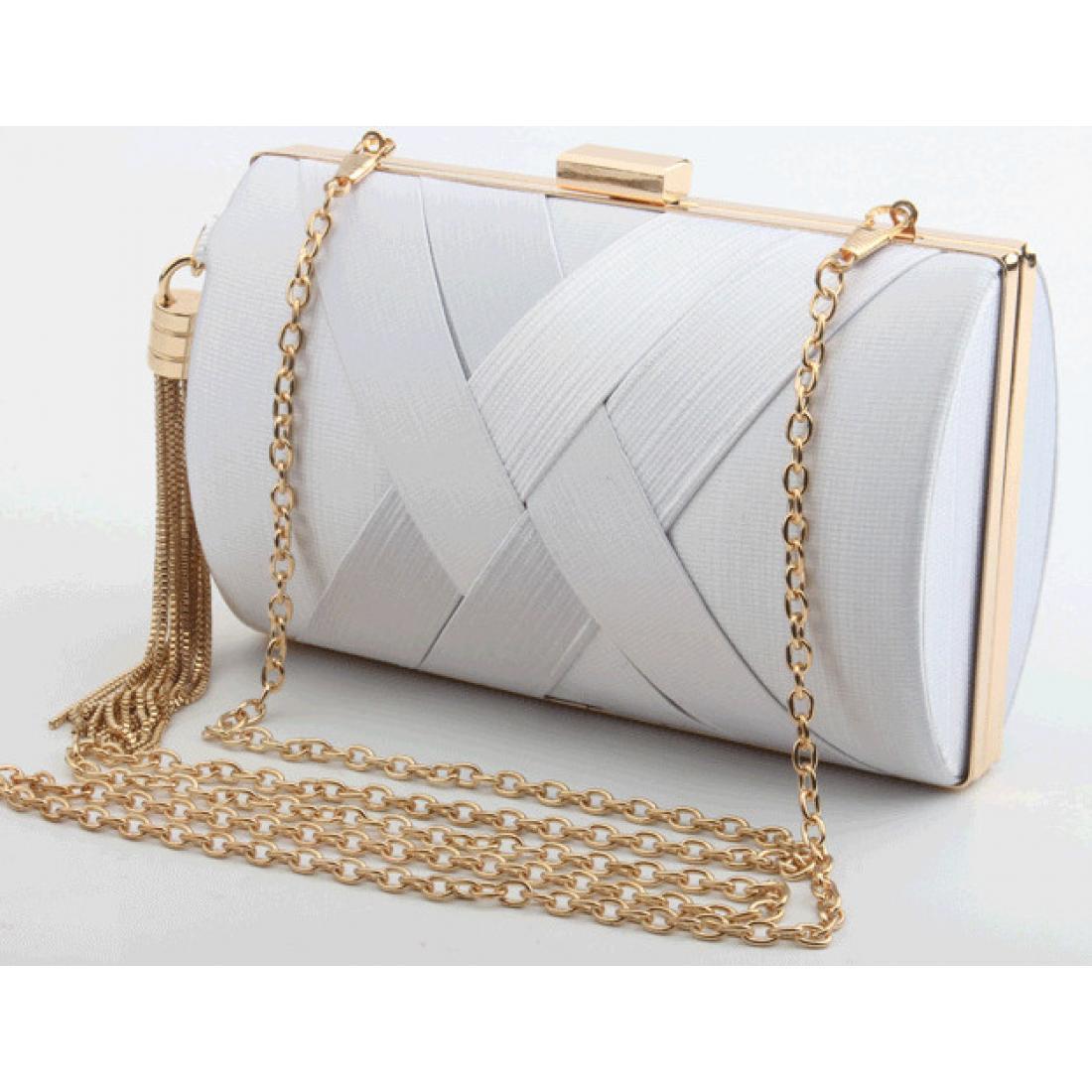 White Satin Knitted Gold Tassels Hand Evening Clutch Purses ...