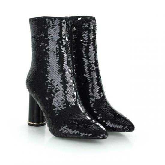 Black Sequins Bling Ankle Party Stage Glass Block High Heels Boots Shoes Boots Zvoof