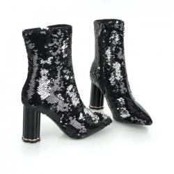 Black Sequins Bling Ankle Party Stage Glass Block High Heels Boots Shoes