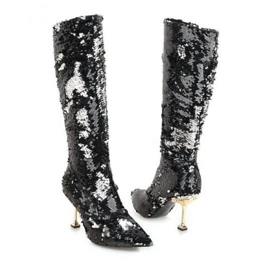 Black Sequins Bling Knee  Long Stiletto High Heels Boots Shoes Boots Zvoof