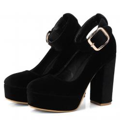 Black Velvet Platforms Ankle Strap Block High Heels Mary Jane Shoes