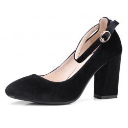 Black Velvet Round Head Ankle Strap Block High Heels Mary Jane Shoes
