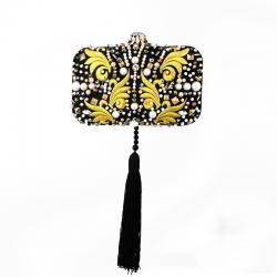 Black Yellow Embroidered Rhinestones Oriental Tassels Hand Evening Clutch Purses Bag