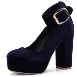 Blue Navy Velvet Platforms Ankle Strap Block High Heels Mary Jane Shoes