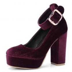 Burgundy Velvet Platforms Ankle Strap Block High Heels Mary Jane Shoes